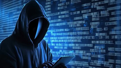 Poster - Mysterious Figure in Hoodie Holding Device Against Dark Digital Background with Binary Code Displaying Cybersecurity and Technology Themes