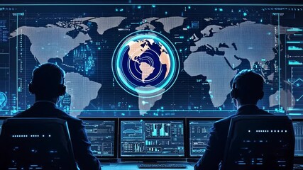 Poster - Two professionals analyzing global data on a futuristic digital interface with holographic world map and various statistics in a modern workspace