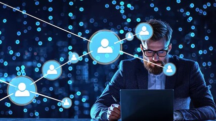 Poster - Young man with glasses using laptop on table against digital background with bright user icon and blue lights representing technology and connection