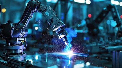 Poster - Robotic Arm Welding Machinery in Industrial Factory Environment with Sparks and Advanced Technology at Work for Manufacturing Processes