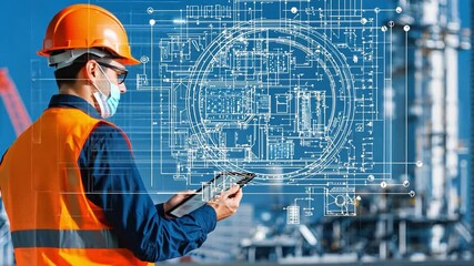 Poster - Construction Worker Examining Blueprint on Digital Tablet at Industrial Site with Safety Helmet and Protective Gear Against Clear Blue Sky Background