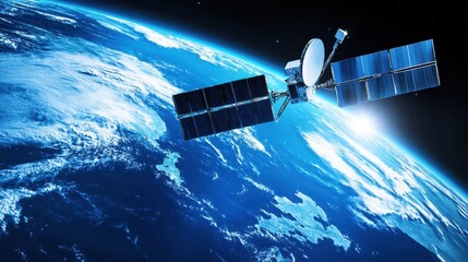 Poster - A satellite floating above Earth, transmitting signals across the globe.