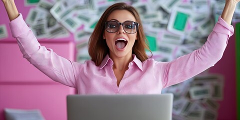 Wall Mural -  lottery winner female entrepreneur using laptop 
