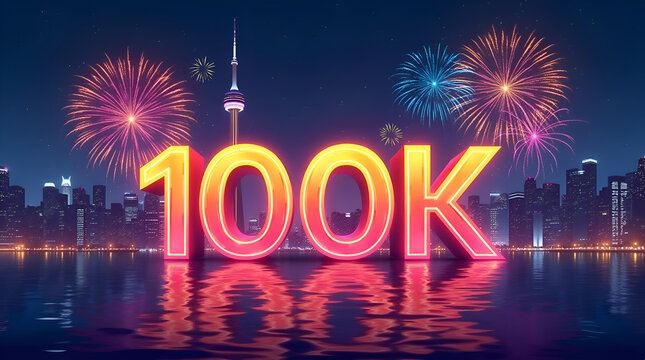Celebration of Milestones 100K and Beyond, Neon 100K sign against city skyline with fireworks
