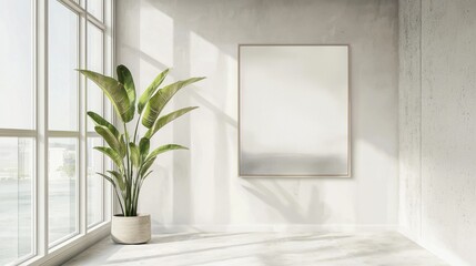 Poster - A white room with a large window and a potted plant