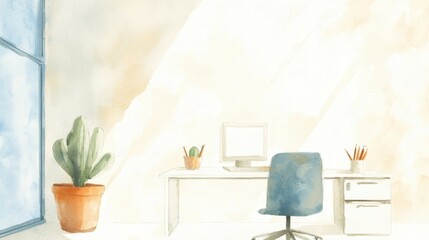 Poster - A blue office chair sits in front of a desk with a computer and a potted plant