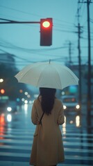 Poster - Raindrops cascade as a woman in a light coat stands at a traffic signal, clutching a white umbrella. The vibrant city lights reflect in the wet street, creating a serene yet dynamic atmosphere