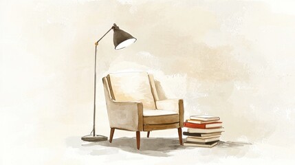 Poster - A lamp is next to a chair with a stack of books on it