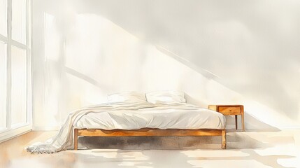 Poster - A white bed with a brown nightstand sits in a room with a window