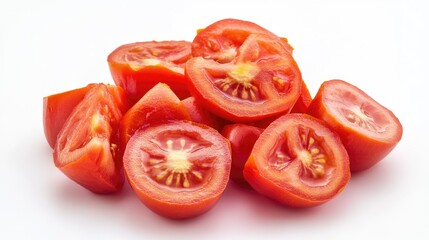 Poster - Freshly cut tomatoes arranged on a clean white surface, perfect for food photography and styling
