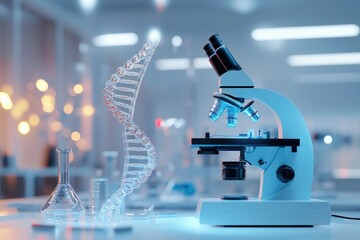 Aufkleber - A microscope and test tubes on a table, ideal for scientific or educational uses