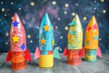 Aufkleber - A collection of colorful paper rockets arranged on a wooden surface, ideal for education and creative projects