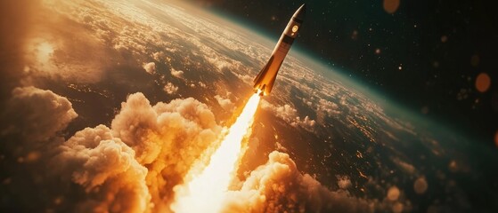 Poster - A space shuttle in flight, surrounded by smoke