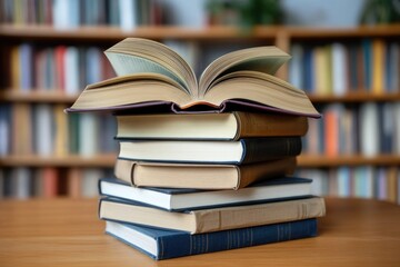 Poster - A pile of books placed on a wooden table, perfect for academic or literary scenes