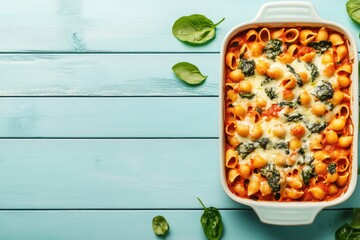 Poster - A plate of cooked pasta topped with sautéed spinach and melted cheese