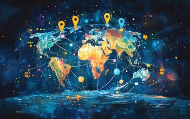 Poster - Vibrant watercolor Earth with prominent location markers, connected by colorful lines representing the flow of global information and technology