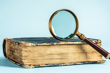 Aufkleber - A magnifying glass sits atop an old book, ideal for detailed research or nostalgic study