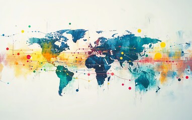 Poster - Vibrant watercolor Earth with prominent location markers, connected by colorful lines representing the flow of global information and technology