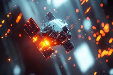 Poster - Space station illuminated under night sky with stars and planets visible
