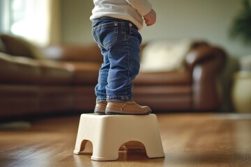 Poster - Young child stands on step stool in cozy home environment, suitable for family or lifestyle photography