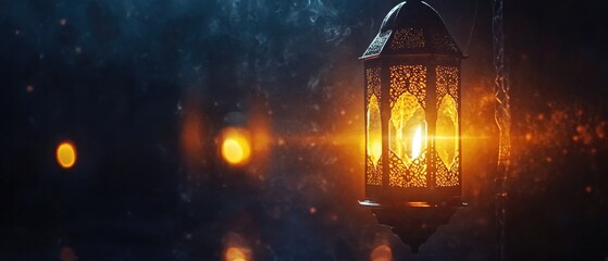 Poster - A lantern hangs from a tree branch on a rainy night