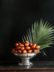Poster - A decorative bowl filled with fruit and a palm leaf, perfect for interior design or food styling
