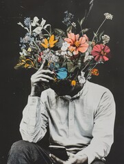Poster - A person wearing a creative and colorful floral arrangement on their head