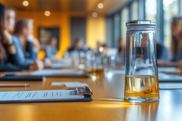 Poster - A glass of water sits atop a wooden table, perfect for use in still life or interior photography