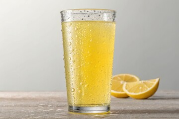 Poster - A refreshing lemon drink in a glass, sparkling with bubbles, accompanied by lemon slices on a textured surface.