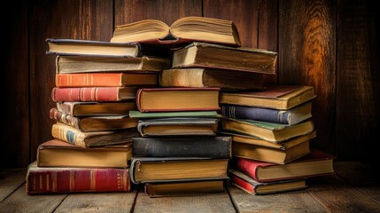 Poster - Pile of books on wooden floor