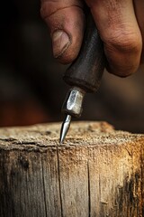 Poster - A person uses a knife to cut a piece of wood, possibly for crafting or DIY project
