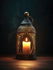 Aufkleber - A lit candle is placed inside a metal lantern on a table, providing warm and cozy lighting