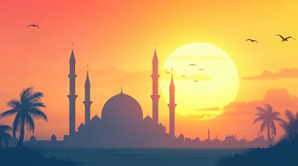 Poster - A beautiful mosque surrounded by palm trees during sunset