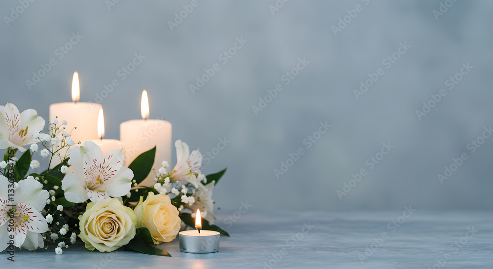 Tranquil condolence background with lit candles and delicate white ...
