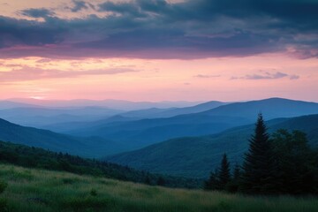 Aufkleber - Mountain landscape at sunset, viewed from the top of a hill
