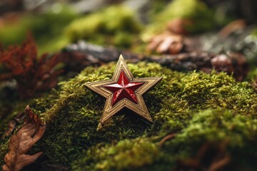 Poster - A red star sits atop a moss-covered forest, offering a pop of color against the natural surroundings