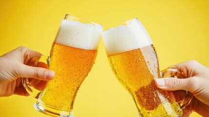 Poster - Two friends toasting with beer glasses in a bright yellow background, perfect for party or social gathering scenes