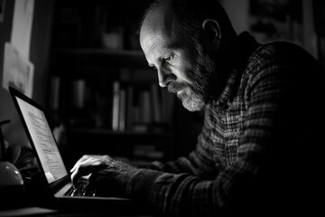 Aufkleber - A person typing away on their laptop in a dimly lit room, good for a scene of focused work or late night study