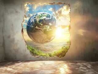 Poster - A hole in the wall offering a unique perspective on the earth below, great for concepts about observation, exploration, and discovery