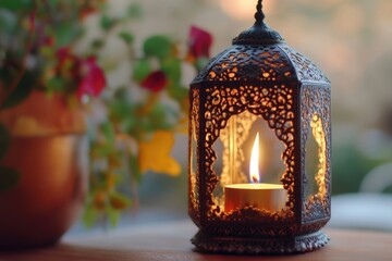 Poster - A single lit candle placed next to a potted plant, perfect for use in interior or still life photography