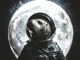 Poster - A seal in a space suit standing in front of a full moon, great for sci-fi or futuristic themed projects