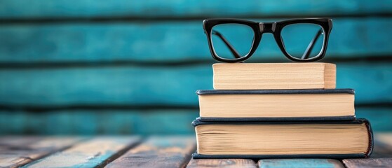 Poster - A stack of books with glasses placed on top, a symbol of knowledge and learning
