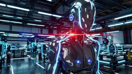Poster - Futuristic Cyber Guardian Robot in a High-Tech Environment with Neon Lights and Screens