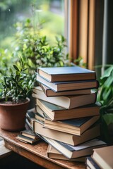 Aufkleber - A stack of books sits on a wooden table, perfect for displaying favorite reads or adding a touch of warmth to any room