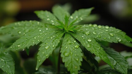 Poster - Raindrops cling to the lush green leaf in a garden, capturing the beauty of nature. Each droplet glistens in the soft light, showcasing the leaf's intricate textures and vivid color