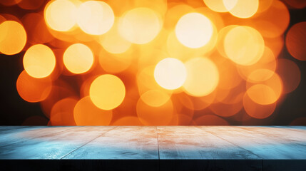 Poster - Bright, warm bokeh lights create vibrant background, perfect for presentations or displays. wooden surface adds rustic touch