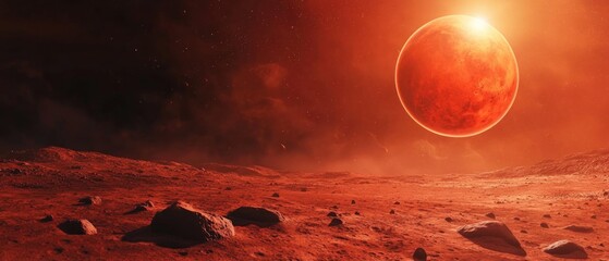 Poster - A distant red planet with rocky terrain in the foreground, ideal for sci-fi or space-themed projects