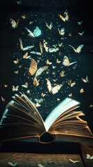 Poster - Open book with butterflies flying out, a creative concept for educational or imaginative themes