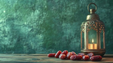 Aufkleber - A simple yet intimate setting with a candle and dates on a wooden table, suitable for romantic dinner or special occasion