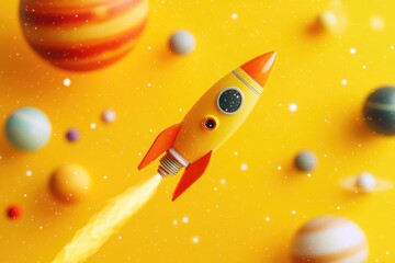 Poster - A toy rocket soaring through space amidst distant planets, perfect for sci-fi themed illustrations and designs